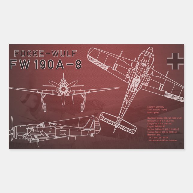 Adesivo Retangular Blueprint Focke-Wulf Fw 190 (Frente)