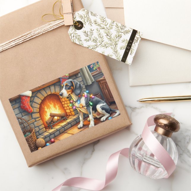 Adesivo Retangular Bluetick Coonhound Fireplace with Christmas Lights (Presentear)