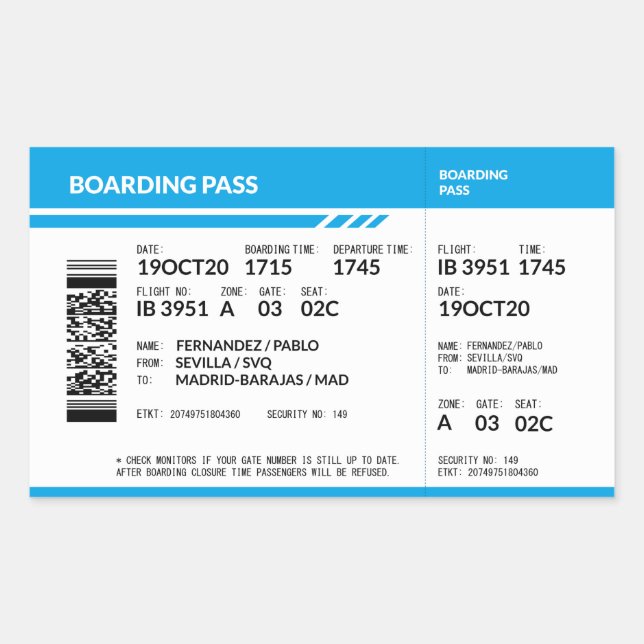 Adesivo Retangular Boarding Pass (blue) (Frente)
