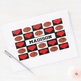 Adesivo Retangular Bolas de basquete e corações Nome personalizado do