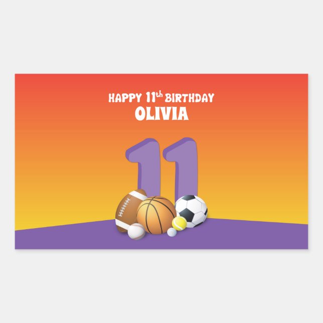Adesivo Retangular Bolas de Esportes de Aniversário para 11 de Menina (Frente)