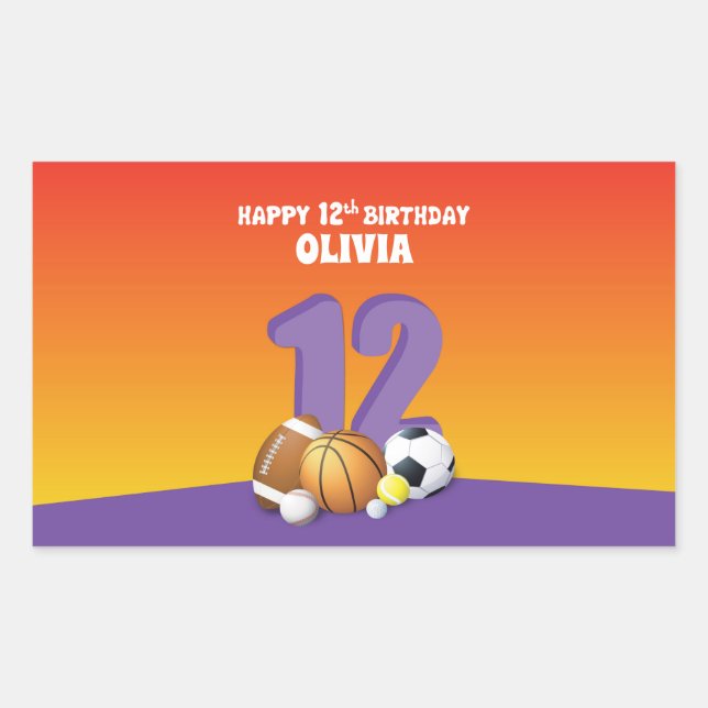 Adesivo Retangular Bolas de Esportes de Aniversário para 12 de Menina (Frente)