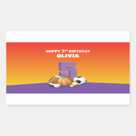 Adesivo Retangular Bolas de Esportes de Aniversário para 5 de Menina 