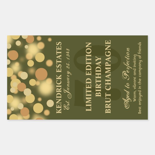 Adesivo Retangular Bolhas de Champanhe Verde Dourada Rótulo de aniver (Frente)