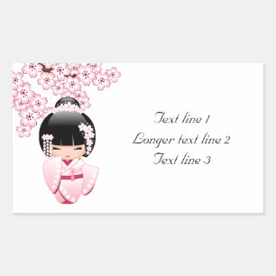 Adesivo Retangular Boneca Kawaii Kokeshi Quimono Rosa com Texto Perso
