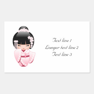 Adesivo Retangular Boneca Kokeshi Quimono Rosa Texto Personalizado Ka