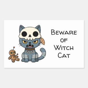 Adesivo Retangular Boneca Voodoo de Gato Bruxa com Texto Personalizad