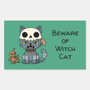 Adesivo Retangular Boneca Voodoo de Gato Bruxa com Texto Personalizad