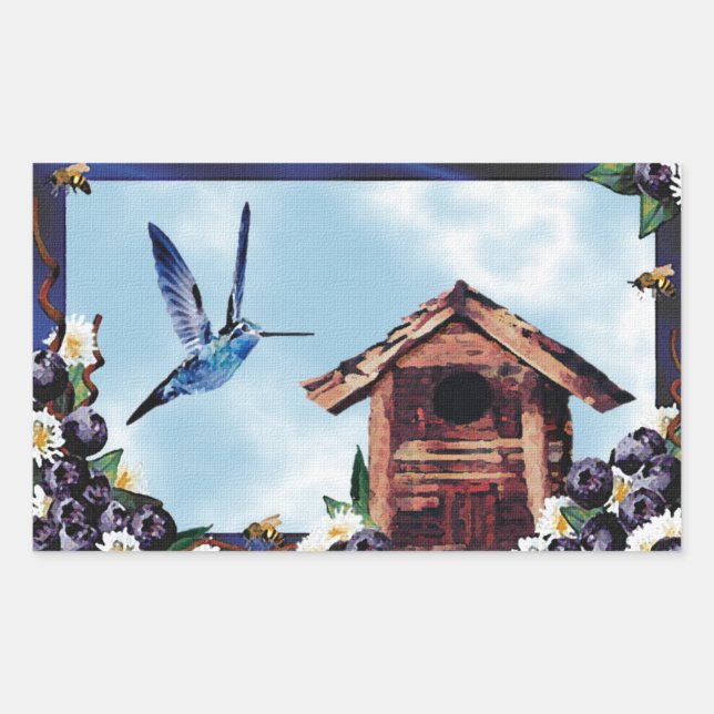 Adesivo Retangular Bonito Hummingbird, Birdhouse e Blueberry (Frente)