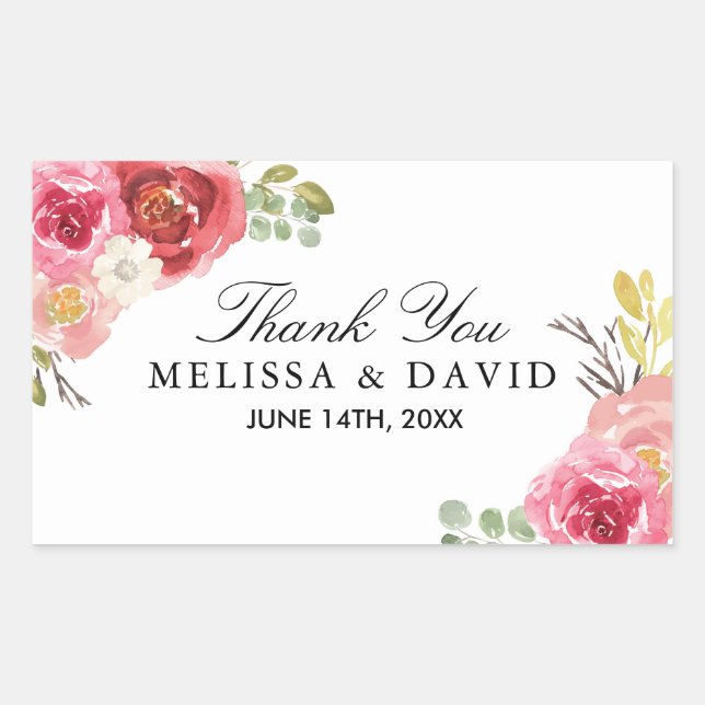 Adesivo Retangular Bonito rosa e vermelho, obrigado palitos (Frente)