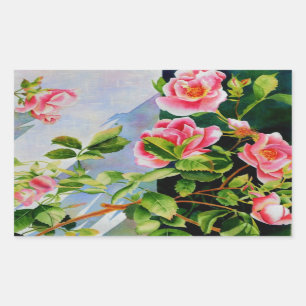 Adesivo Retangular Bonito rosa, rosas vermelhas, flor aquarela