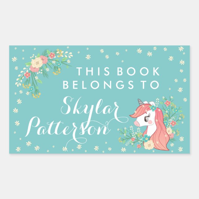 Adesivo Retangular Bonito Unicórnio Floral Este Livro Pertence A (Frente)