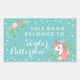 Adesivo Retangular Bonito Unicórnio Floral Este Livro Pertence A
