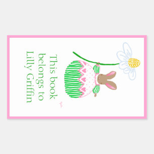 Adesivo Retangular Bookplate cor-de-rosa e verde do coelho da