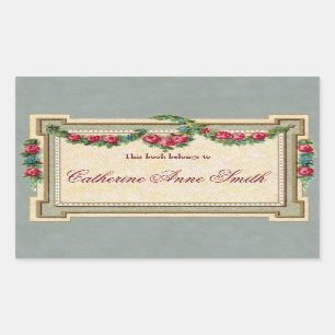 Adesivo Retangular Bookplate Rosa-Moldado antiguidade