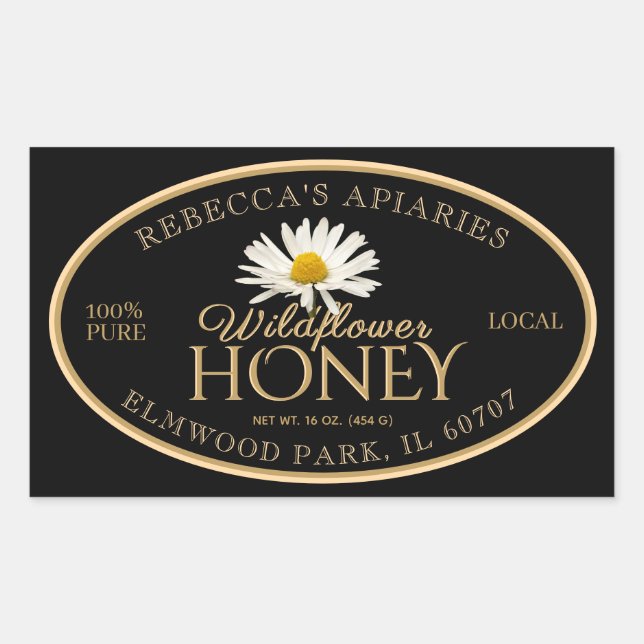 Adesivo Retangular Borda Dourada da Margarida Preta de Flor Selvagem (Frente)