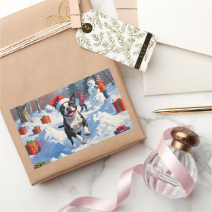 Adesivo Retangular Boston Terrier Cena de Natal Festivo na Neve