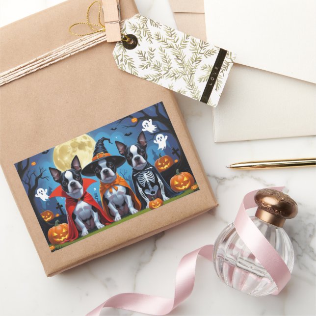 Adesivo Retangular Boston Terrier Dogs Pumpkin Halloween Engraçado (Presentear)