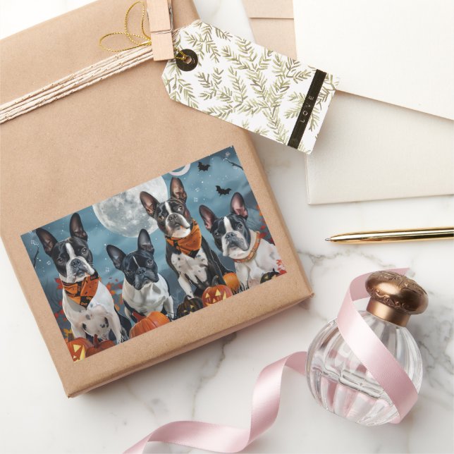 Adesivo Retangular boston terrier Halloween Spooky (Presentear)