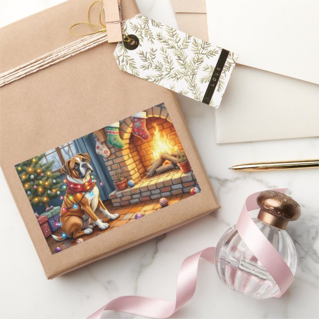 Adesivo Retangular Boxer Sitting by Fireplace with Christmas Lights (Presentear)