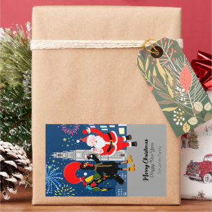 Adesivo Retangular Brinde de Papai Noel e Galo para o Ano Novo
