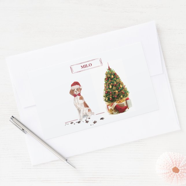 Adesivo Retangular Brittany Engraçado Cão de Natal e Árvore (Envelope)