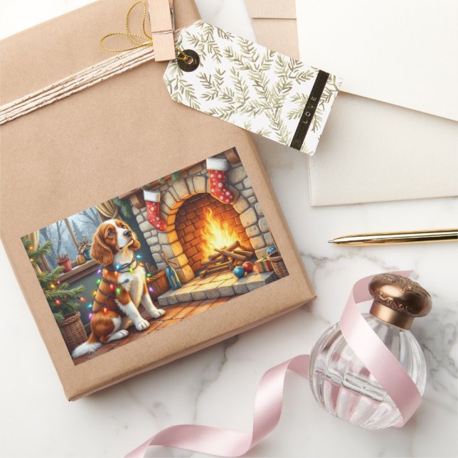 Adesivo Retangular Brittany Spaniel Fireplace with Christmas Lights (Presentear)