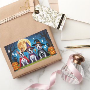 Adesivo Retangular Bull Terrier Cachorros Pumpkin Halloween Engraçado