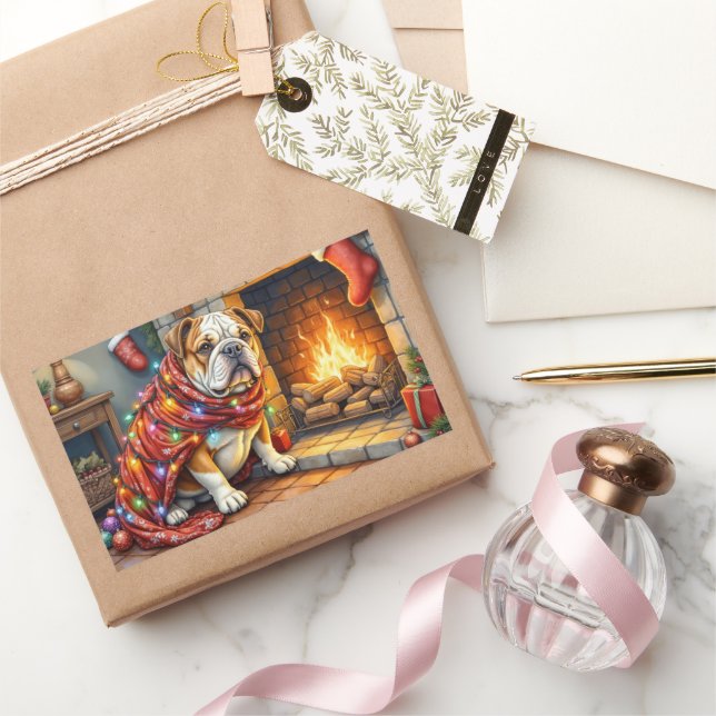 Adesivo Retangular Bulldog Sitting by Fireplace with Christmas Lights (Presentear)