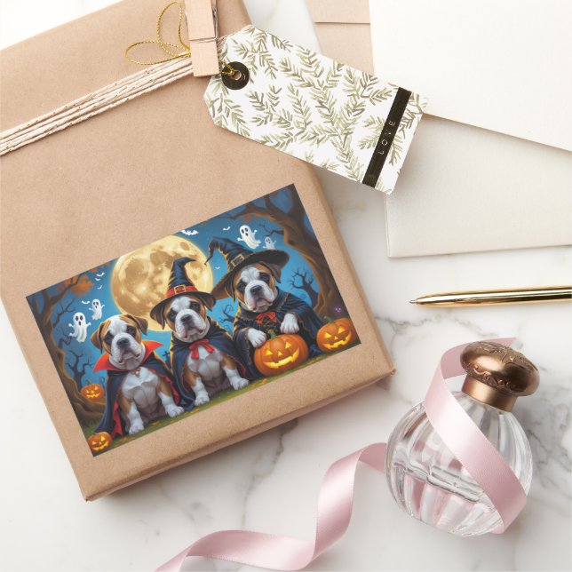 Adesivo Retangular Bullmastiff Dogs Pumpkin Halloween Engraçado (Presentear)
