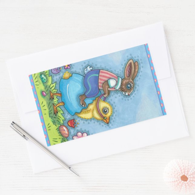ADESIVO RETANGULAR BUNNY LESTE CORTANDO PINTINHO EM OVOS AZUIS, WHIMS (Envelope)
