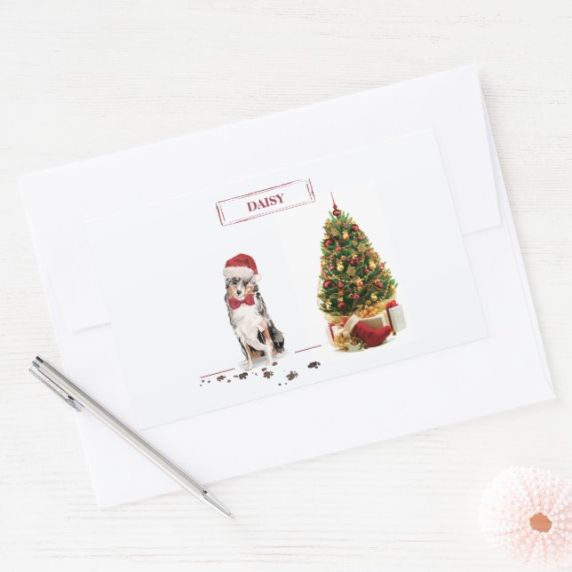 Adesivo Retangular Cachorro de Natal Engraçado com Pastor Australiano (Envelope)