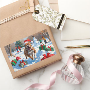 Adesivo Retangular Cachorro Pitbull correndo em neve com chapéu de Na