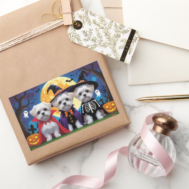 Adesivo Retangular Cachorros Malteses Pumpkin Halloween Engraçado (Presentear)