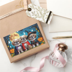 Adesivo Retangular Cachorros Pekingeses Pumpkin Halloween Engraçado