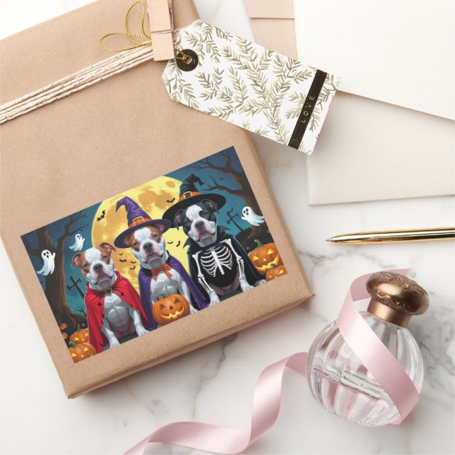 Adesivo Retangular Cachorros Pitbull Pumpkin Halloween Engraçado (Presentear)