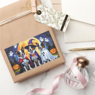 Adesivo Retangular Cães de Bovinos Australianos Pumpkin Halloween Eng