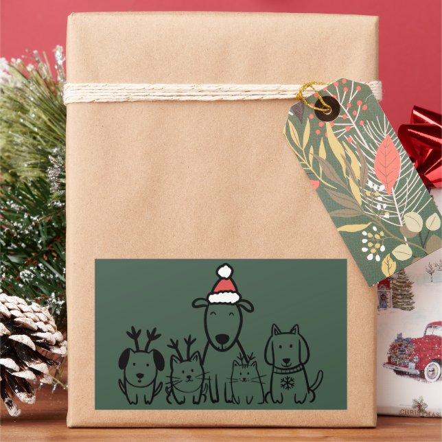 Adesivo Retangular Cães e Gatos de Natal Rena Feriado (Feriado)