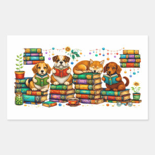 Adesivo Retangular Cães Lendo Livros Cena Aconchegante da Biblioteca
