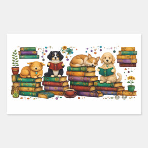 Adesivo Retangular Cães Lendo Livros Cena Aconchegante de Biblioteca