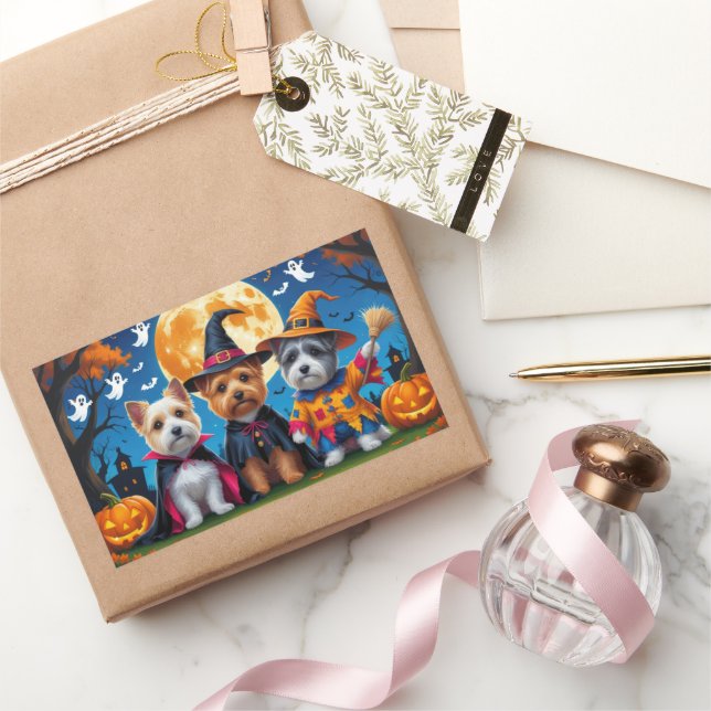 Adesivo Retangular Cairn Terrier Dogs Pumpkin Halloween Engraçado (Presentear)