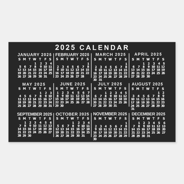 Adesivo Retangular Calendário Mensal Anual 2025 Clássico Preto e Bran (Frente)
