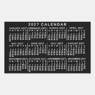 Adesivo Retangular Calendário Mensal do Ano 2027 Clássico Preto e Bra