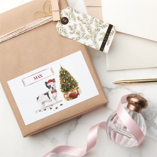 Adesivo Retangular Cão de Natal do Buldogue Negro e Branco (Presentear)