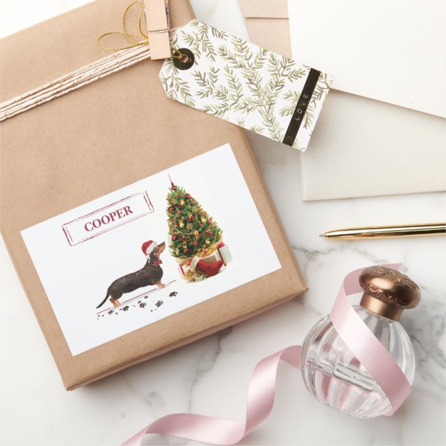 Adesivo Retangular Cão de Natal Negro e Tan Dachshund Engraçado (Presentear)