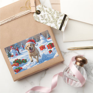 Adesivo Retangular Cão Labrador Correndo na Neve com Chapéu de Natal
