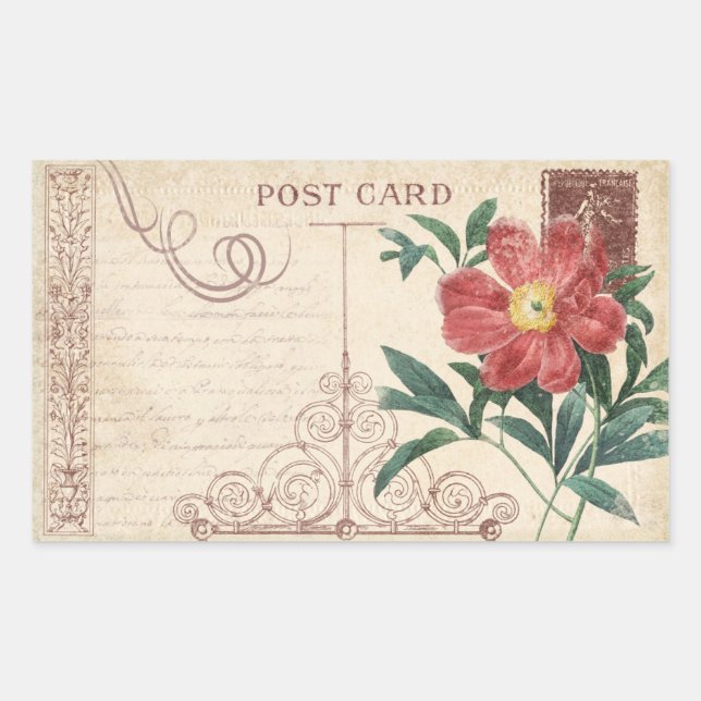 Adesivo Retangular Cartão-postal Floral Antigo Scrapbook (Frente)