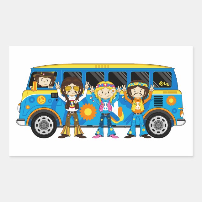Adesivo Retangular Cartoon 60 Peace Hippie Van (Frente)