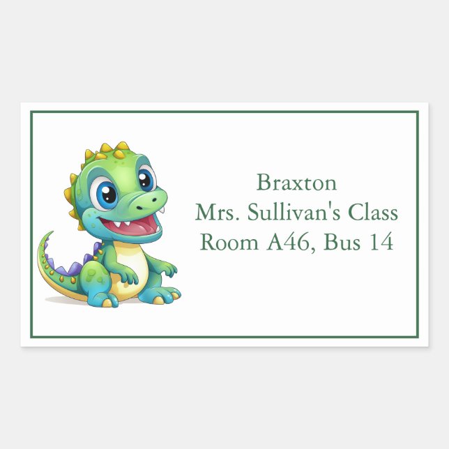 Adesivo Retangular Cartoon Bonito Dinossaur Kid's Nametag (Frente)