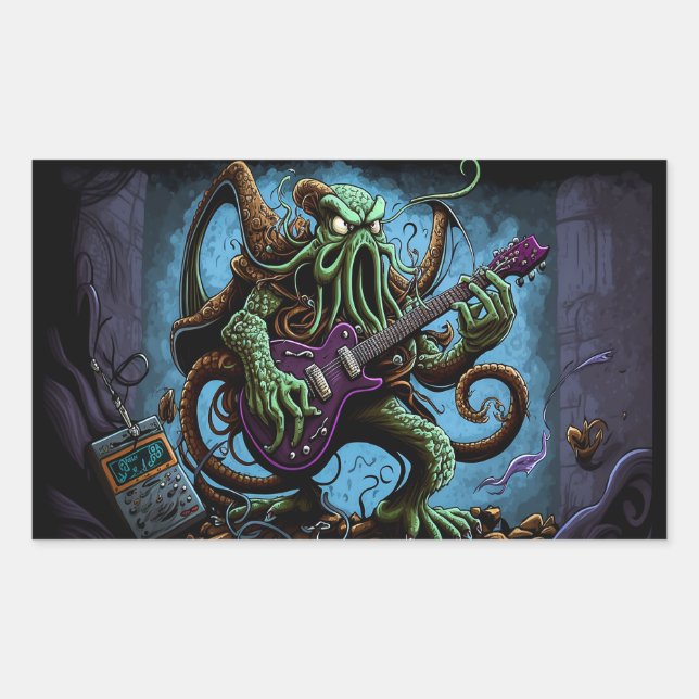 Adesivo Retangular Cartoon Cthulhu Rock 'n Roll (Frente)